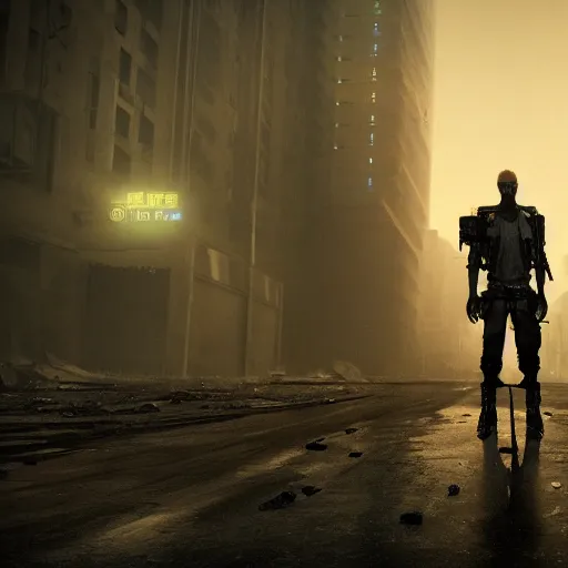 Prompt: last human on earth, post apocalyptic, cyberpunk, full body, cyberpunk, black background, ultra realistic, octane render, 8 k, cinematic lighting, foreground, background, dark and moody,