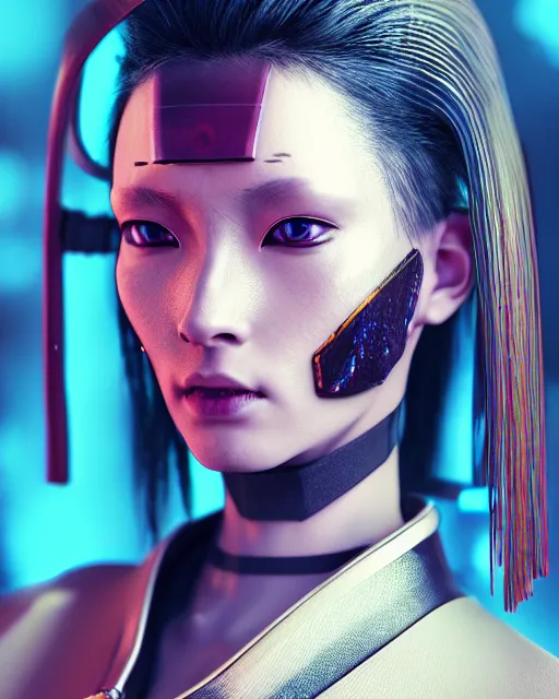 Prompt: portrait of cyber punk samurai, female, prismatic highlights, smoke atmosphere, super model, brown skin, blue eyes, telephoto, beautiful, depth of field, cinematic, macro, concept art, 50mm, art station, wepa digital, digital painting, elegant, epic, focus, octane render, v-ray, 8k, C4D, art by Takashi Murakami