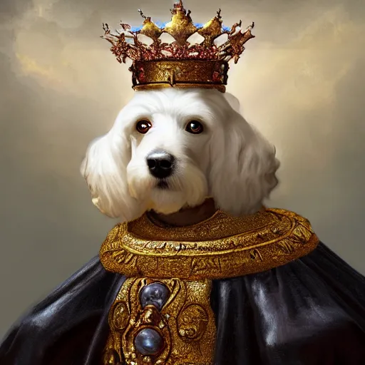 Image similar to oil painting portrait of a white poodle wearing medieval royal robe and an ornate crown on a dark nebula background digital Art, concept Art, highly detailed, 3-D 4K, trending on art station, Mark Brooks,