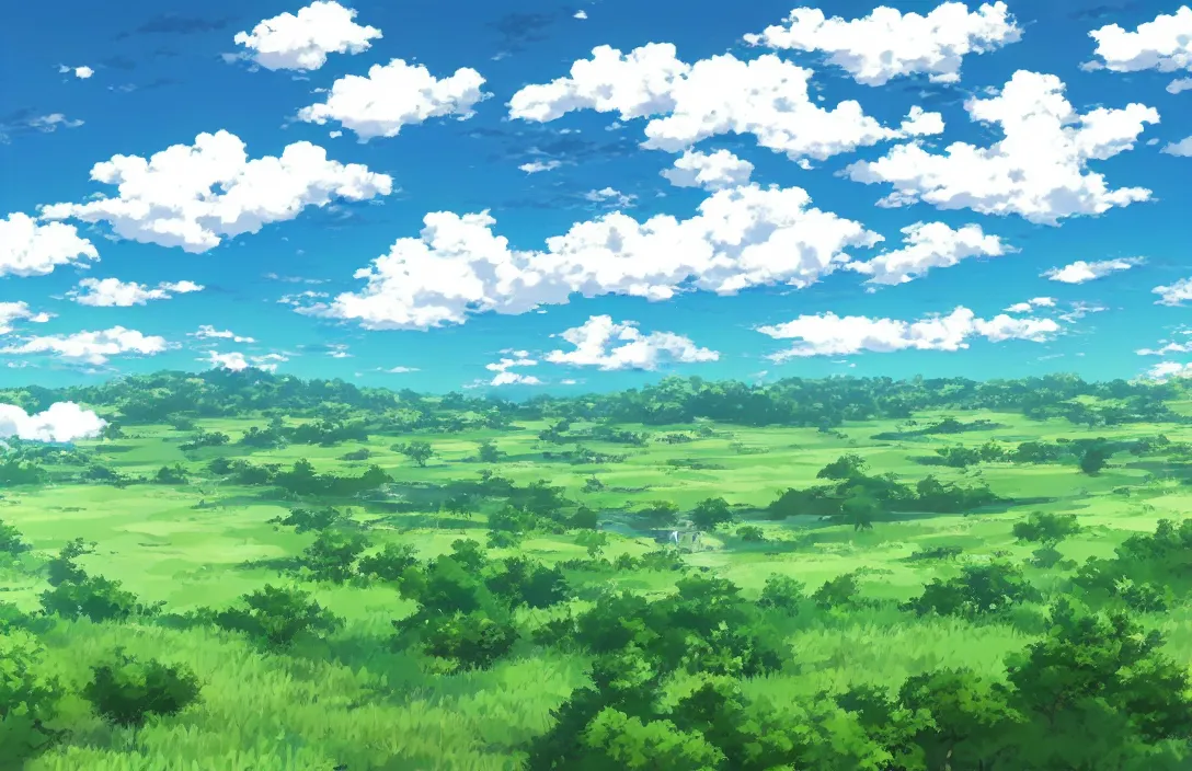 Prompt: Andrew Tate!dream an Anime Background Photo of a rual with green plains and blue sky