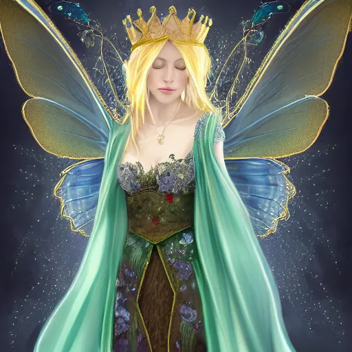 Prompt: detailed portrait of a fairy queen with wings wearing a magic silk and lace robe with a hood, crown, pixie, iris, realism, detailed eyes, emerald, galaxy, sapphire,blonde hair going down to the floor, moonlit, dark fantasy, dramatic lighting, cgsociety, artstation