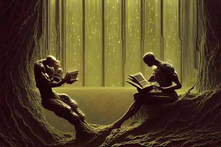 Image similar to a cyborg reading an old book, fantasy, sci - fi, intricate, elegant, dramatic lighting, highly detailed, lifelike, photorealistic, digital painting, artstation, concept art, smooth, sharp focus, illustration, art by beksinski and john blanche and paul dainton and albert aublet and artem demura and alphonse mucha