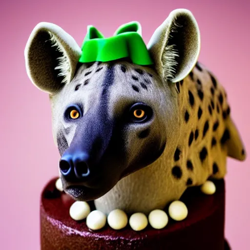 Prompt: a hyena on top of a birthday cake