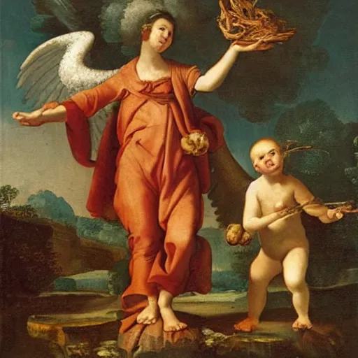 Prompt: an oil painting of tobias accompanied by an angel, full size, carrying the fish, very detailed, by carlo maratta