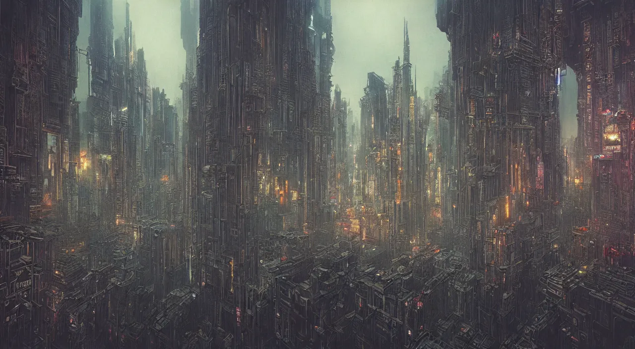 Image similar to cyberpunk city with renaissance architecture, cinematic lighting, hyper detailed, hyper realistic, in the style of beksinski