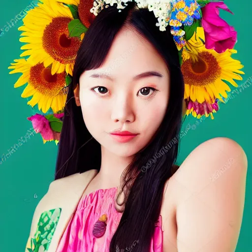 Image similar to a portrait of a young asiatic lady, perfect face, hot summertime hippie, fancy dress , flowers background , sunny day, perfecly detailed, realistic portrait, perfect design, natural light