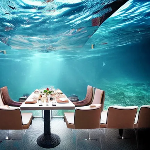 Prompt: luxury restaurant under a boat underwater award winning photography stunning - W 832