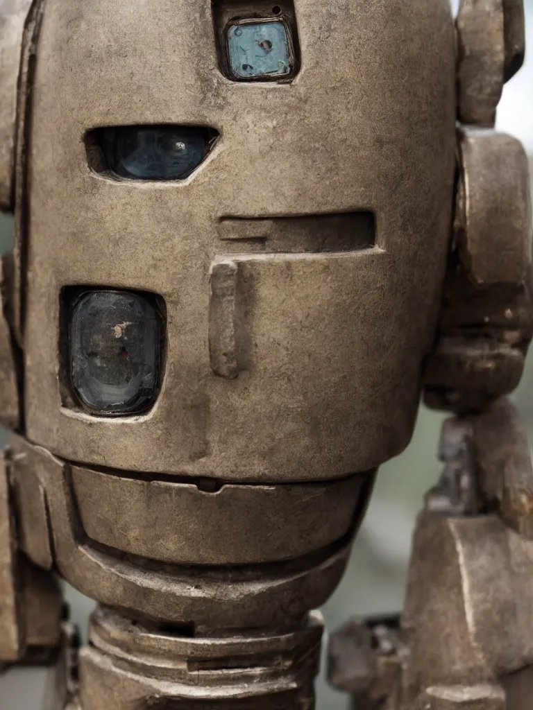 Image similar to closeup of a peaceful friendly cyberpunk rustic robot head, sigma 55mm f/8