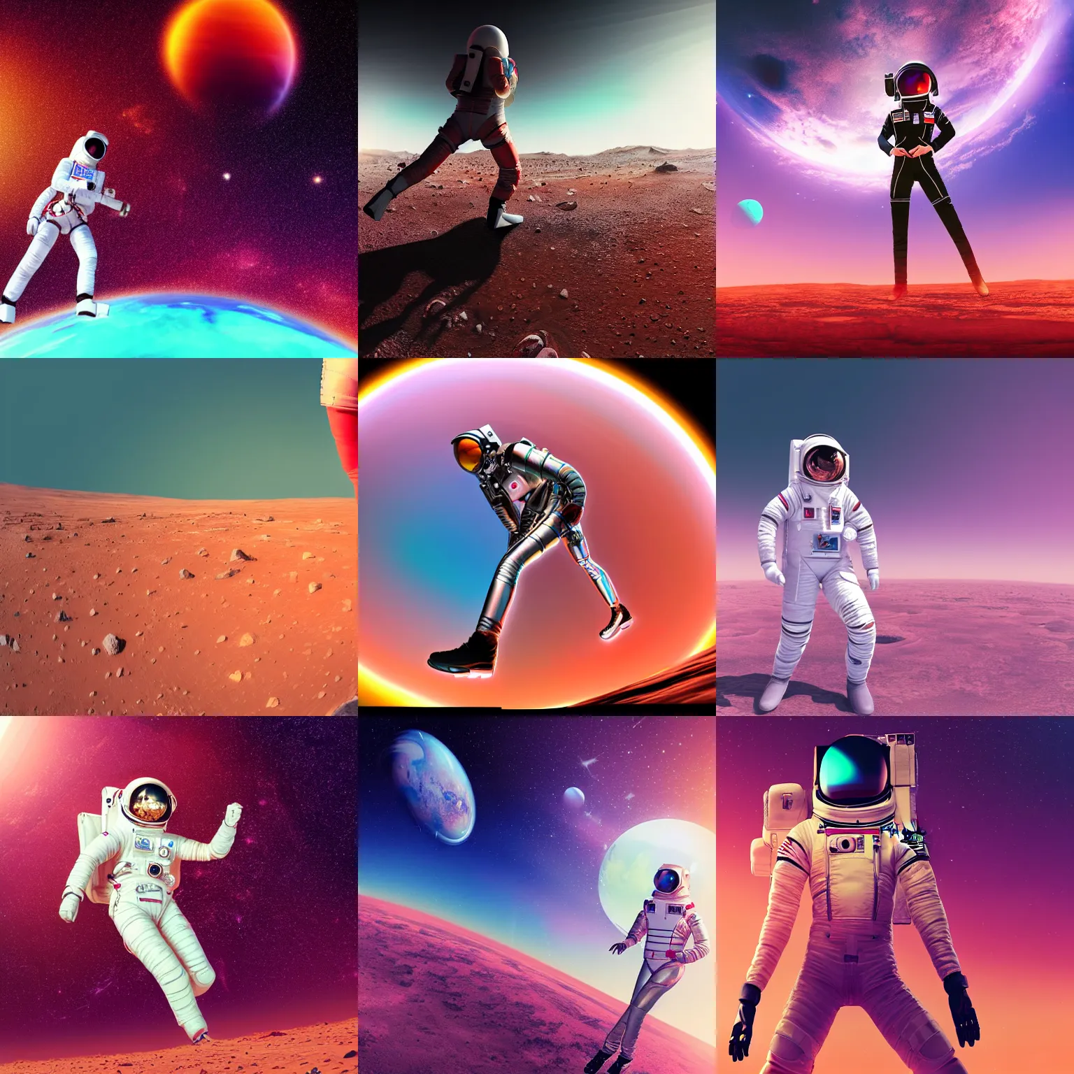 Prompt: wide - angle shot from below of a female astronaut with an athletic feminine body walking with swagger toward camera on mars in an infinite universe, synthwave digital art
