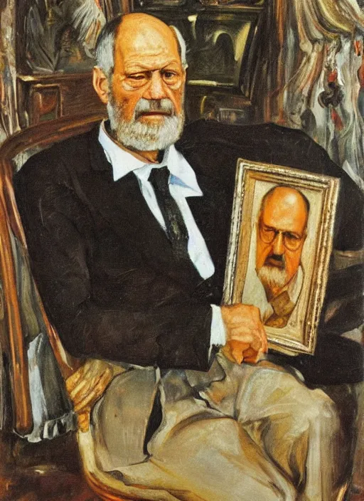 Prompt: portrait in oil of sigmund freud, by lucian freud