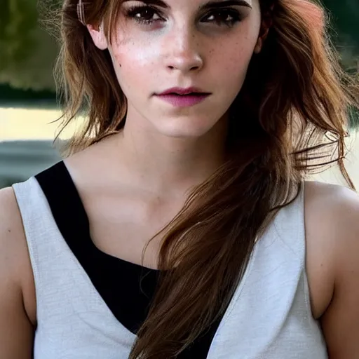 Image similar to a woman who is a genetic combination of emma watson and kim kardashian face and upper - body focus