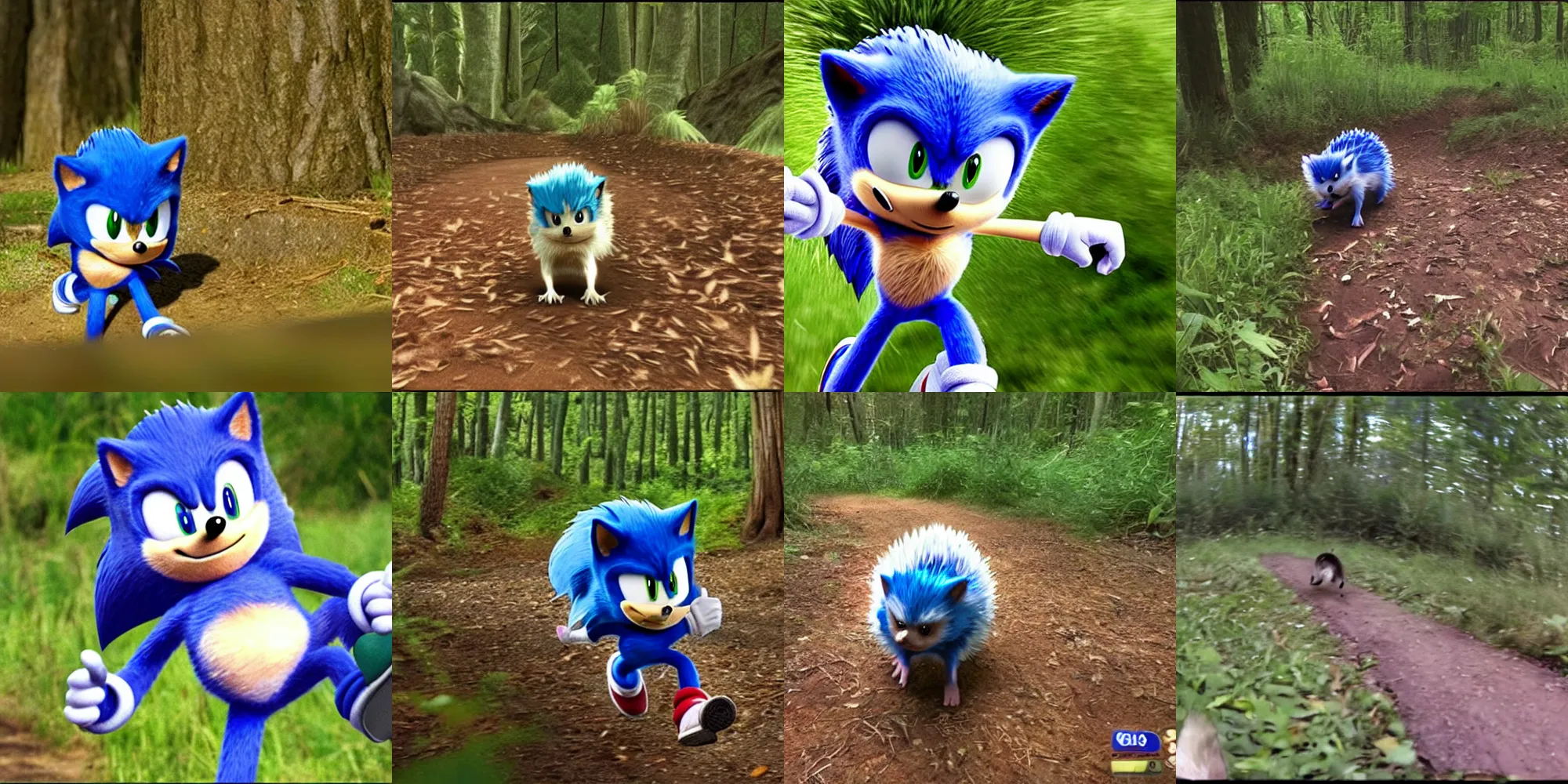 Prompt: trail cam footage of Sonic the Hedgehog