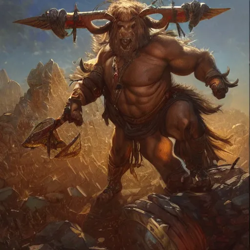 Prompt: huge smug minotaur wielding a greataxe, realistic art by donato giancola and greg rutkowski, digital art, trending on artstation