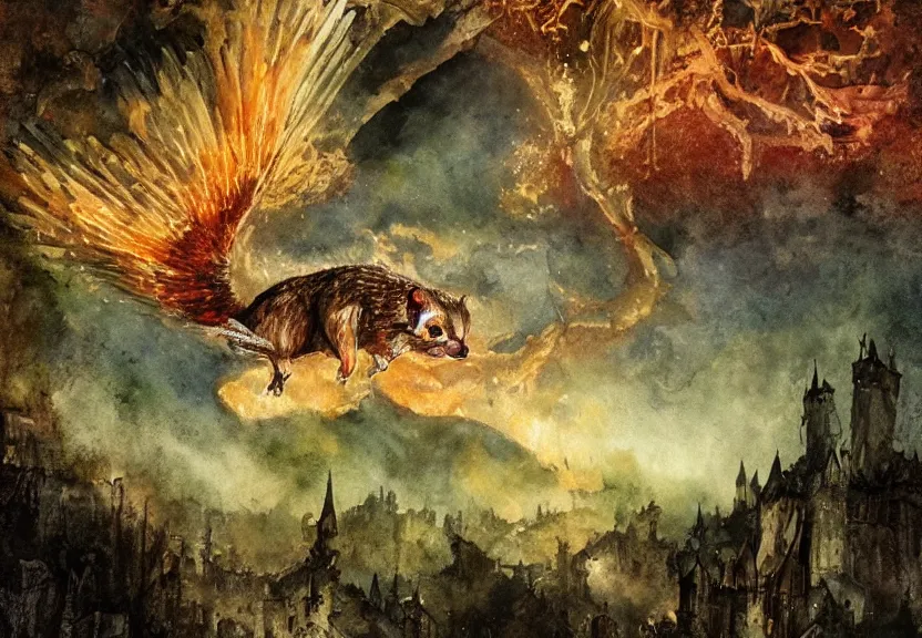 Image similar to legendary fire winged possum flying over a medieval forest castle at night under the dark starred sky, dark fantasy, watercolor, dreaming illusion, highly detailed, 4k, trending on Artstation