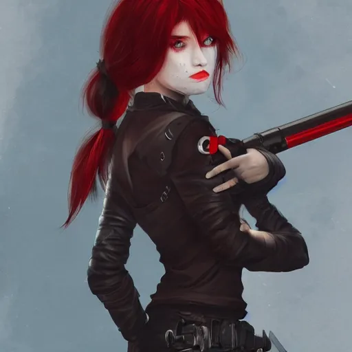 Image similar to a concept art of a boy and a girl with red hair holding a gun, gothic clothes, highly detailed, digital painting, artstation, concept art, smooth, sharp focus, illustration