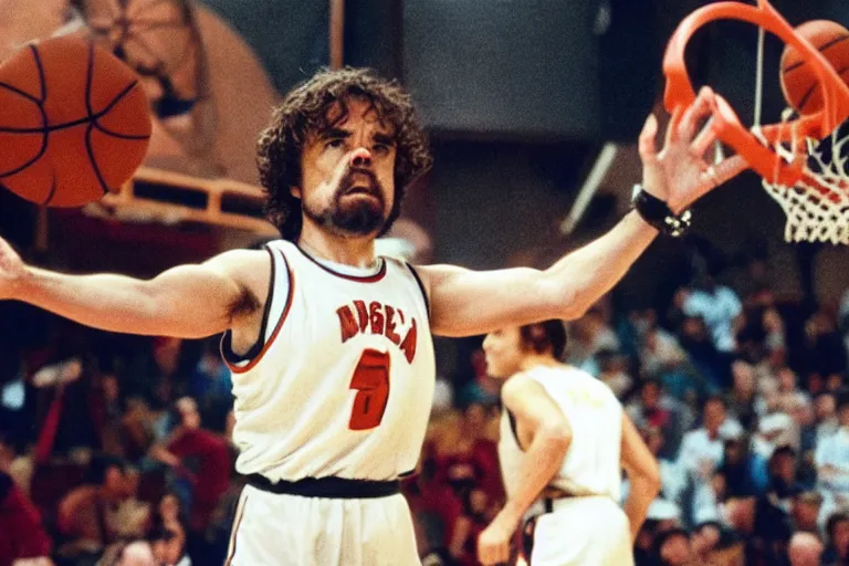 Image similar to peter dinklage playing basketball movie still, from the new slam dunk ernest movie, 8 k, realistic