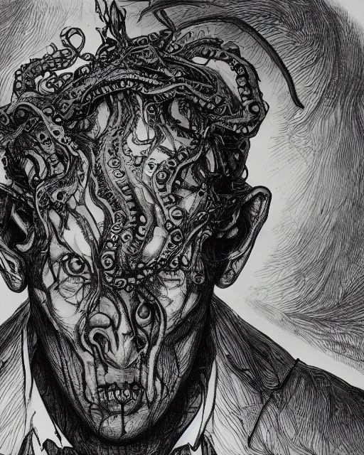 Image similar to h. p. lovecraft, pencil drawing, line art, black and white, fantasy art, monster art, illustration, fantasy, intricate, hyper detailed, artstation, concept art, smooth, sharp focus, ray tracing