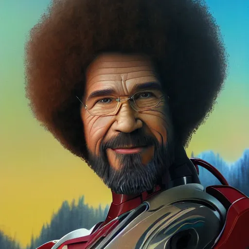 Image similar to a closeup photorealistic photograph of bob ross with a paintbrush, diligently finishing a canvas painting of iron man. mountains and trees. film still. brightly lit scene. this 4 k hd image is trending on artstation, featured on behance, well - rendered, extra crisp, features intricate detail, epic composition and the style of unreal engine.