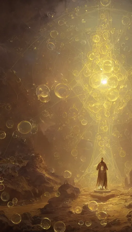 Image similar to inner schema of soul is an occult graph made of iridescent bubbles and golden triangles, trending on ArtStationHQ, hyperdetailed DnD painting by Dariusz Zawadski and Greg Rutkowski and James Gurney