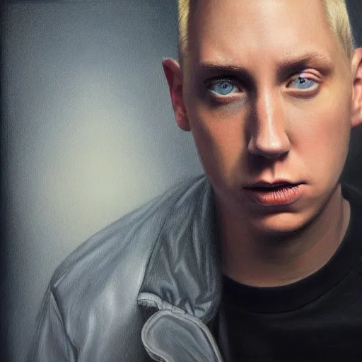 Image similar to a selfie of eminem by jason de graaf, pedro campos and denis peterson. intricate, detailed, complex, fractal, hd, 4 k, realism, hyperrealistic painting, appgamekit, art of illusion, artrift, cryengine, finalrender, rendered in blender, shadow depth, sketchfab, sketchlab, substance designer, vray, unreal engine