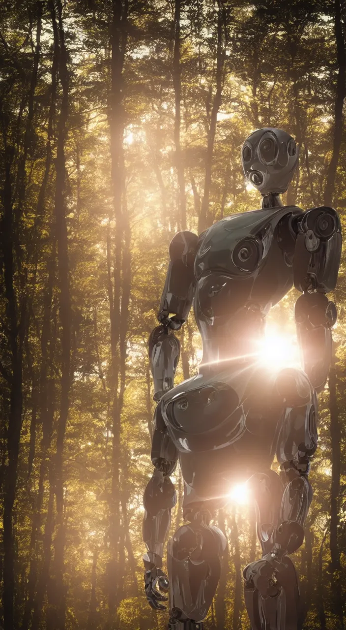 Image similar to a robot portrait in a movie, forest, cinematic shot, sun beams