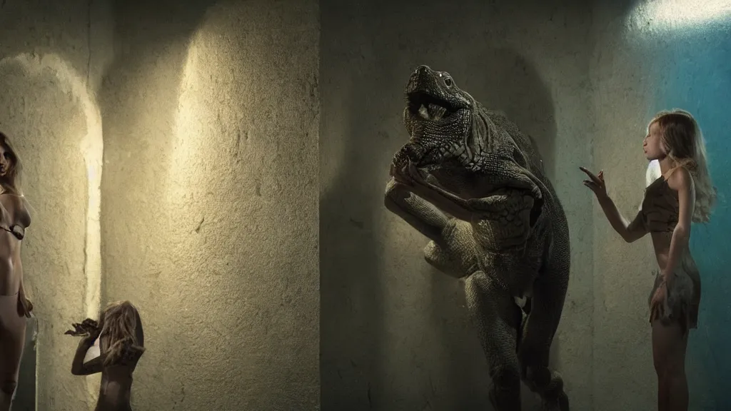 Image similar to movie scene of a human girl and a reptilian humanoid, reptile, reptilian, movie still, cinematic composition, cinematic light, criterion collection, re imagined by industrial light and magic, Movie by Andrzej Żuławski