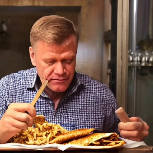 Prompt: film still of Klaus Iohannis eating a Shawarma, 4k remastered, criterion collection