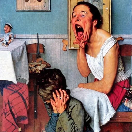 Prompt: A mother screaming to her baby artwork by Norman Rockwell, cinematic composition