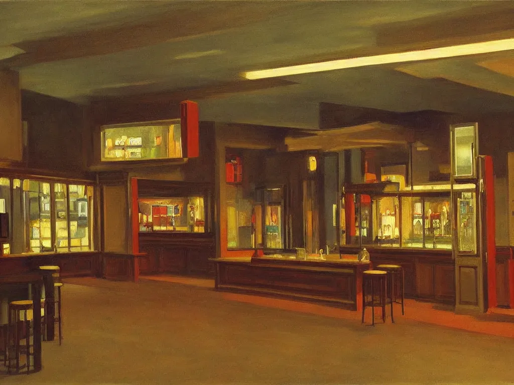 Prompt: interior view of an empty bar in the 70s with a jukebox at night, ultra view angle view, realistic detailed painting by edward hopper