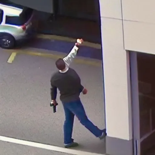 Image similar to security camera footage of cristiano ronaldo robbing a bank, he is holding a gun