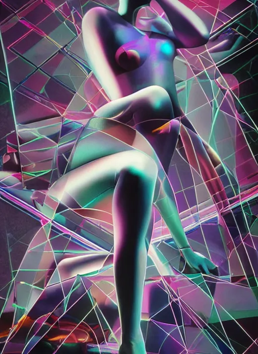 Image similar to futuristic lasers tracing, colorsmoke, fullbodysuit, pyramid hoodvisor, raindrops, wet, oiled, beautiful cyborg girl aphrodite pinup, by steven meisel, kaws, rolf armstrong, cubist perfect geometry abstract acrylic, octane hyperrealism photorealistic airbrush collage painting, monochrome, neon fluorescent colors, minimalist rule of thirds, eighties eros