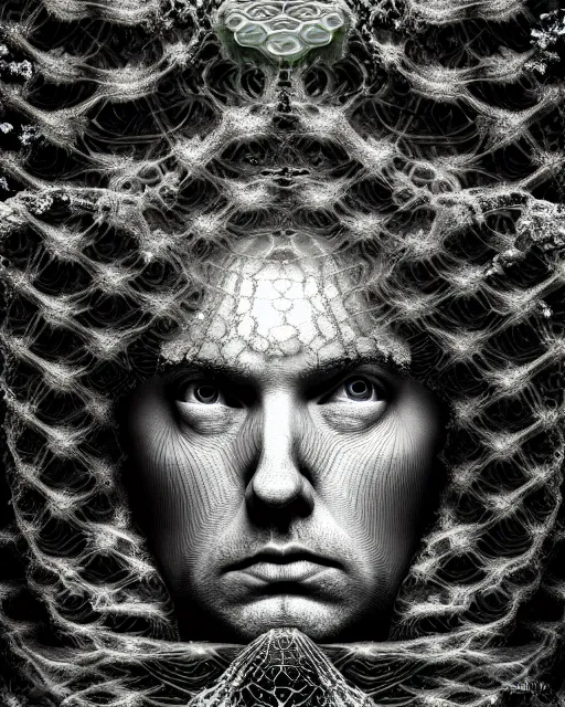 Image similar to surreal mythical dreamy underwater artistic bw photo of donald trump - medusa - cyborg covered with fish scales and algae, highly detailed, intricate crystal ivy jelly fish scales ornate, poetic, octane render, 8 k, photo - realistic, in the style of gustave dore and preraphaelites