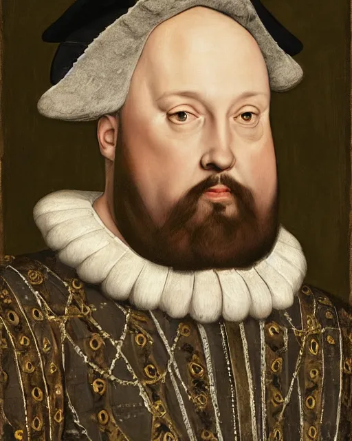 Image similar to fat gray cat with yellow eyes dressed like henry viii, tudor period menswear, hans holbein the younger, greg rutkowski, royal portrait, painting