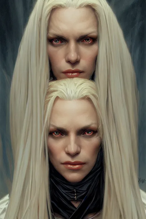 Image similar to portrait of an old blonde vampire mage, dark, piercing eyes, gentle expression, elegant clothing, photorealistic, highly detailed, artstation, smooth, sharp focus, art by michael whelan, artgerm, greg rutkowski and alphonse mucha