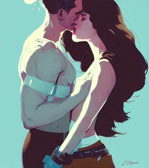 Prompt: portrait of bucky kissing natasha by atey ghailan, by greg rutkowski, by greg tocchini, by james gilleard, by joe fenton, by kaethe butcher, dynamic lighting, gradient light blue, brown, blonde cream and white color scheme, grunge aesthetic