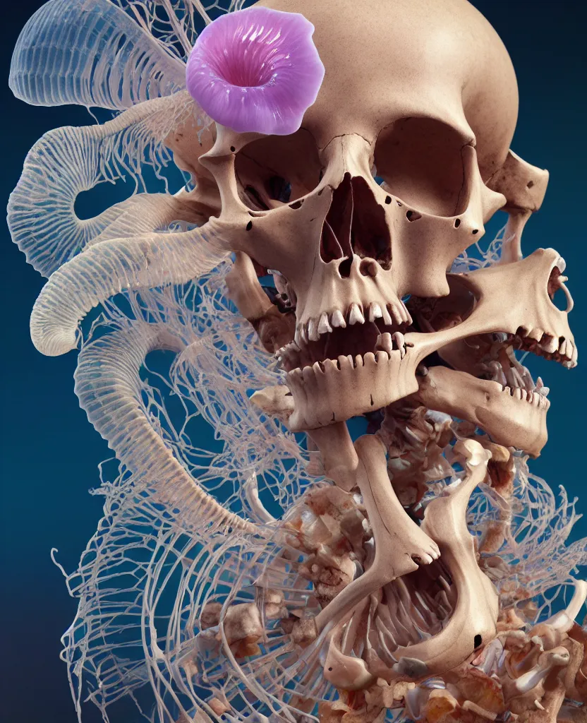 Image similar to goddess close-up portrait human skeleton, ram skull, skeleton, thorax, x-ray, backbone, jellyfish phoenix head, nautilus, orchid, skull, betta fish, bioluminiscent creatures, intricate artwork by Tooth Wu and wlop and beeple. octane render, trending on artstation, greg rutkowski very coherent symmetrical artwork. cinematic, hyper realism, high detail, octane render, 8k