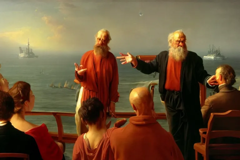 Image similar to ( ( a beautiful 8 k photorealistic masterpiece oil painting ) ( of ( philosopher lecturing to an audience while ship is sinking on the background ) ) ) ( hyperrealism ) ( 1 6 k ) ( trending on artstation )