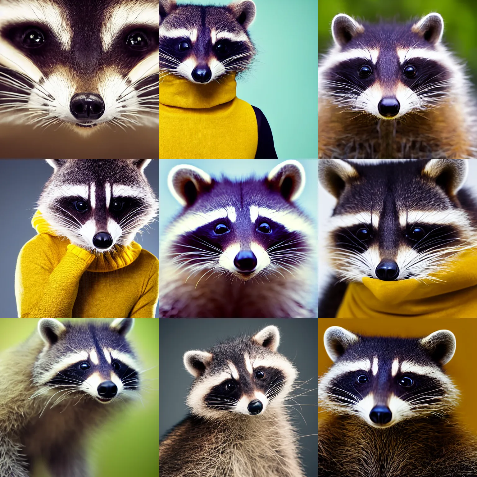 Prompt: close up, happy racoon wearing a yellow turtleneck, studio, portrait, facing camera, studio lighting, dark background