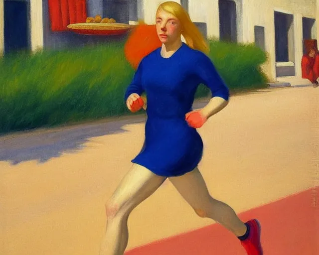 Prompt: blond lady with red and blue sneakers running through israel, running by salsa vendor, oil on canvas by edward hopper