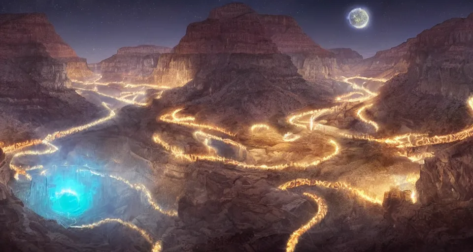 Image similar to miniature installation, macro photography, night, a lot of people and a spiral - shaped white luminous attractor is floating in grand canyon, concept art, art for the game, professional lighting, art