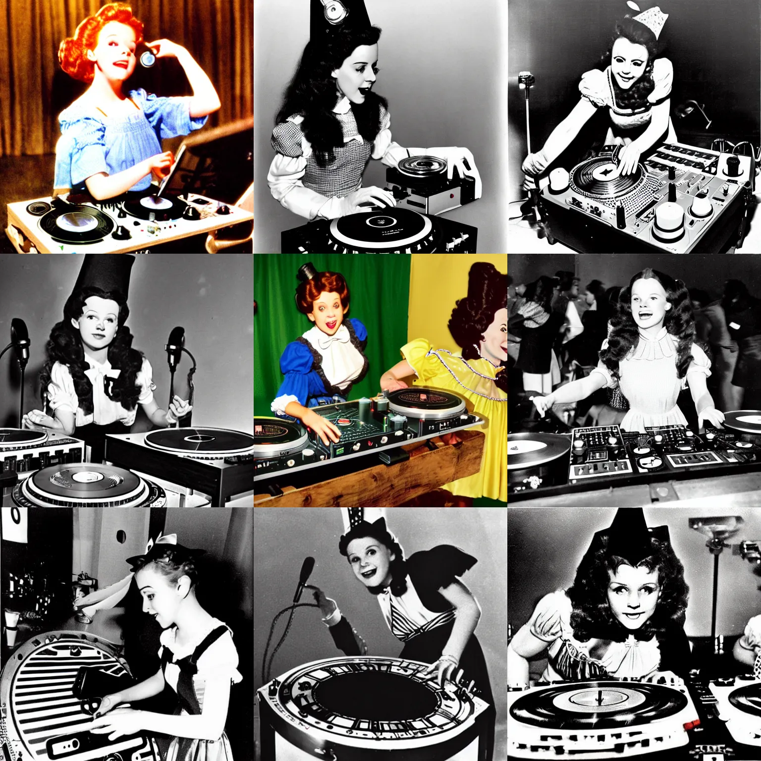 Prompt: dorothy from wizard of oz DJing with DJ turntables, photoreal