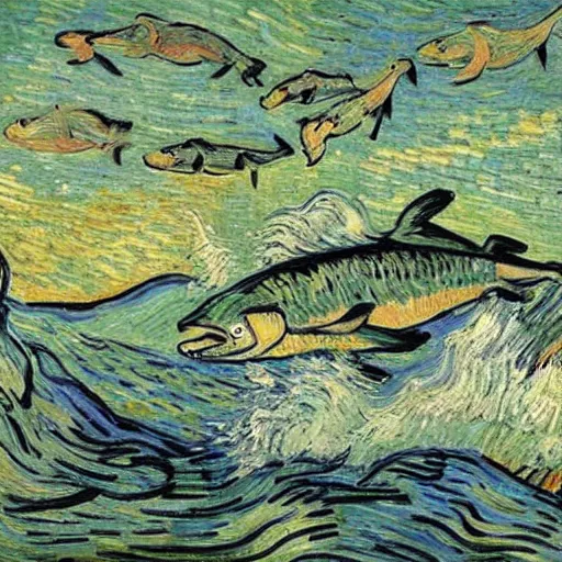 Image similar to salmon jumping out of the river on a sunny day. by van gogh.