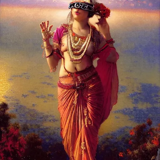 Prompt: detailed full body of hindu traditional woman blindfolded by high - tech vr headset and walking on thin bridge in sky, girl graceful,, painting by gaston bussiere, craig mullins, j. c. leyendecker, lights, art by ernst haeckel, john william godward, hammershøi,,