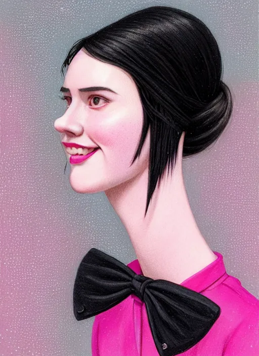 Image similar to portrait of high school girl, realistic, black hair, bangs, half updo hairstyle, pointy nose, skinny, smile, ugly, defined jawline, big chin, pink hair bow, earrings, intricate, elegant, glowing lights, highly detailed, digital painting, artstation, sharp focus, illustration, art by wlop, mars ravelo and greg rutkowski