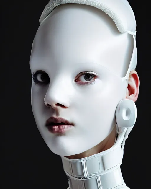 Image similar to portrait of a woman wearing a white embroidered translucent silicone mask and white frizzy hair buns, wearing a black bodysuit by alexander mcqueen, cream white background, soft diffused light, biotechnology, humanoide robot, bjork aesthetic, translucent, by rineke dijkstra, intricate details, highly detailed, masterpiece,