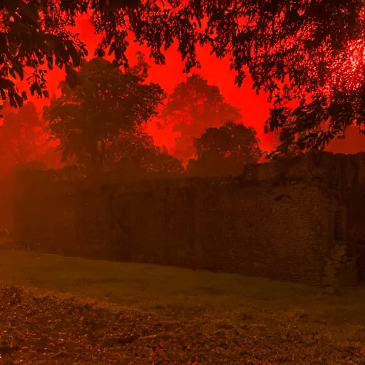 Image similar to leaves blow in the wind. a red glow rises from some ruins nearby.