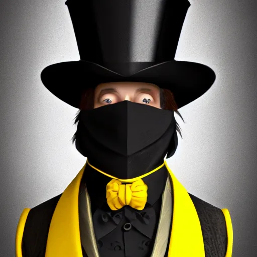 Image similar to a highly detailed portrait of a man in a high top hat covering his face, in a black tailcoat with a yellow waistcoat under the tailcoat, artstation, deviantart, professional, unreal engine 5, photorealistic