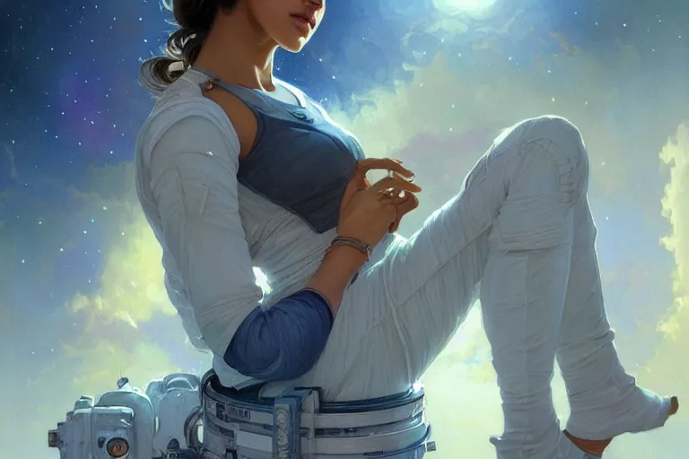 Image similar to Sensual good looking pale young Indian doctors wearing jeans in a space station above Earth, portrait, elegant, intricate, digital painting, artstation, concept art, smooth, sharp focus, illustration, art by artgerm and greg rutkowski and alphonse mucha