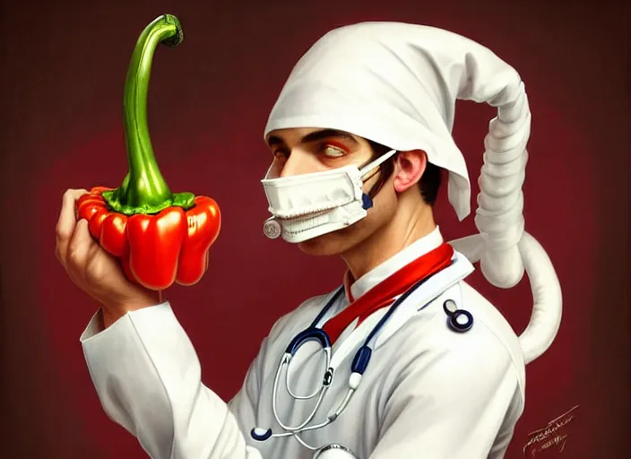 Image similar to anthropomorphic pepper wearing a white doctor's uniform, diffuse lighting, fantasy, hospital background, intricate, elegant, highly detailed, lifelike, photorealistic, digital painting, artstation, illustration, concept art, smooth, sharp focus, art by frank frazetta and marco bucci and loish and rossdraws and artgerm and alphonse mucha