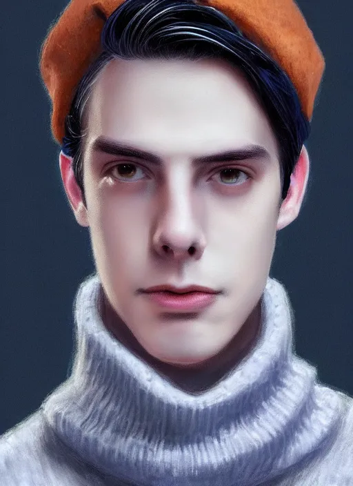 Image similar to portrait of teenage jughead jones wearing a light grey crown, crown, blue turtleneck, 1 9 5 0 s, closed eyes, photorealistic, black hair, glowing lighting, intricate, elegant, glowing lights, highly detailed, digital painting, artstation, concept art, smooth, sharp focus, illustration, art by wlop, mars ravelo and greg rutkowski